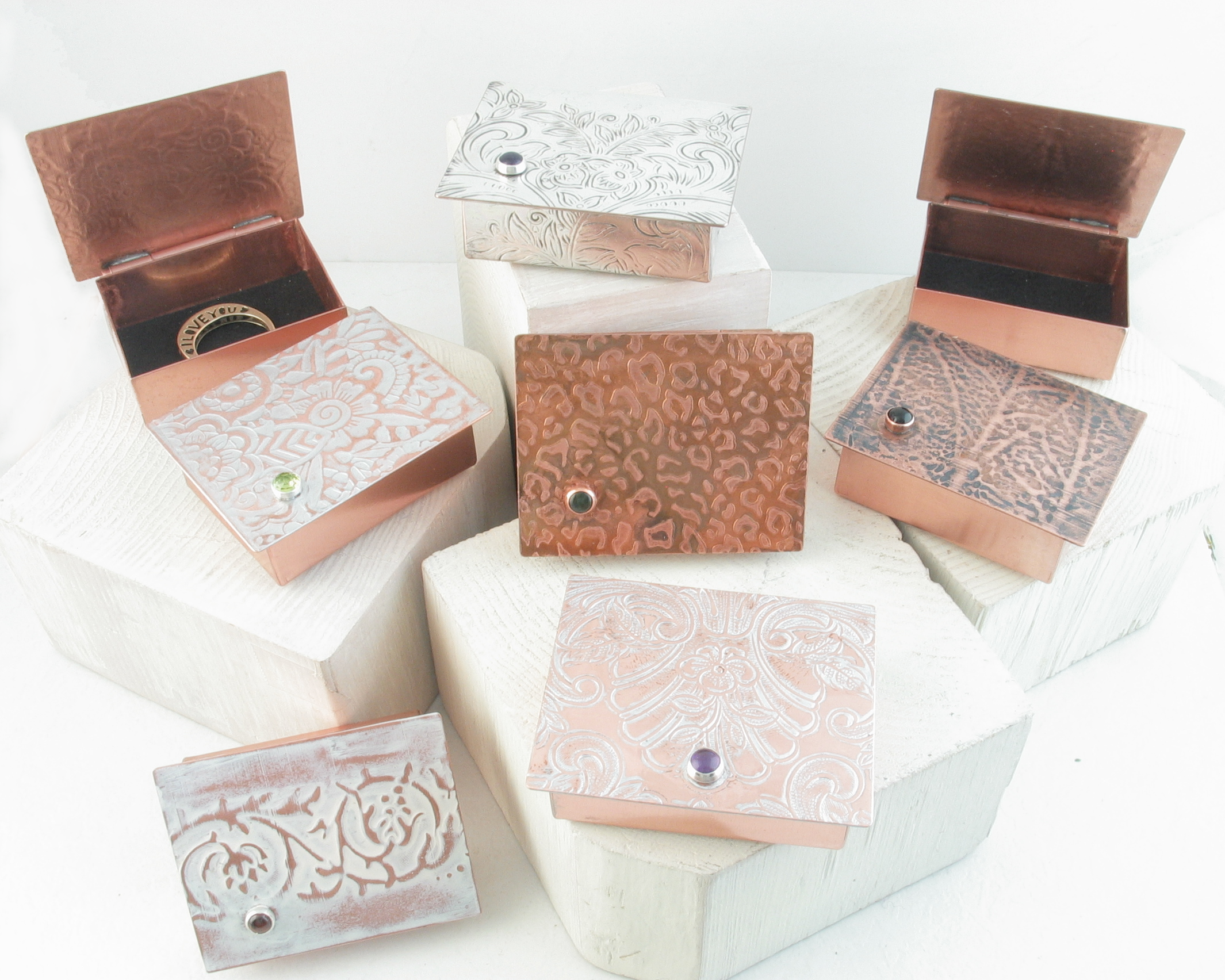 Grouping of Tiny Hinge Lid  copper and silver trinket boxes