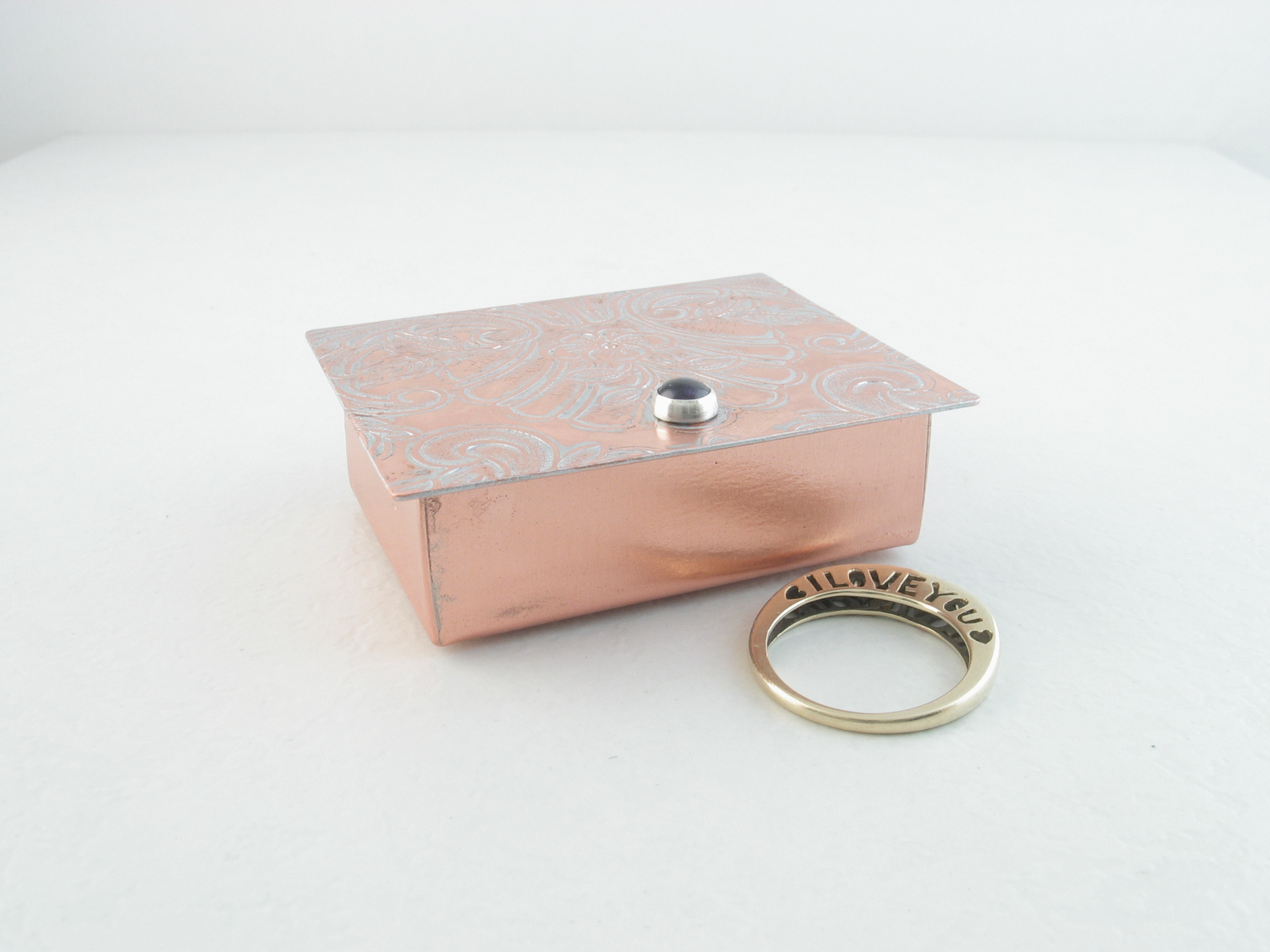 tiny ring box upcycled from vintage copper platter with genuine amethyst gemstone on hinged lid